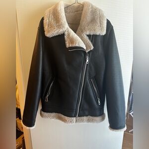 Mango Black Vegan Leather Jacket with Cream Shearling
